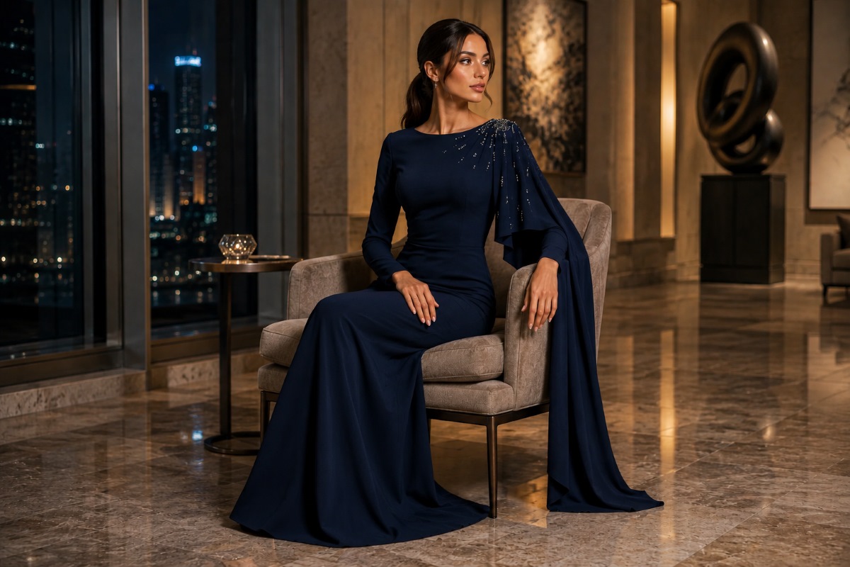 Woman demonstrating elegant seated posture in gown