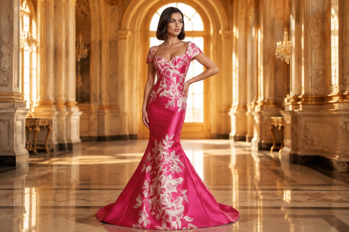 Fuchsia mermaid floral evening gown editorial look