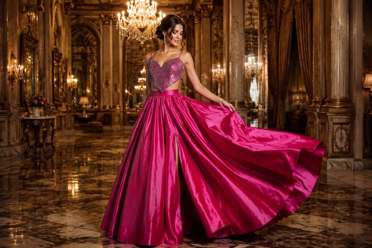 Elegant fuchsia couture two-piece ballroom look