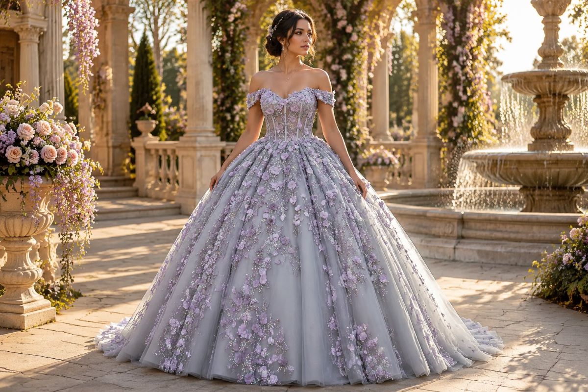Light gray quinceanera gown with lilac flowers