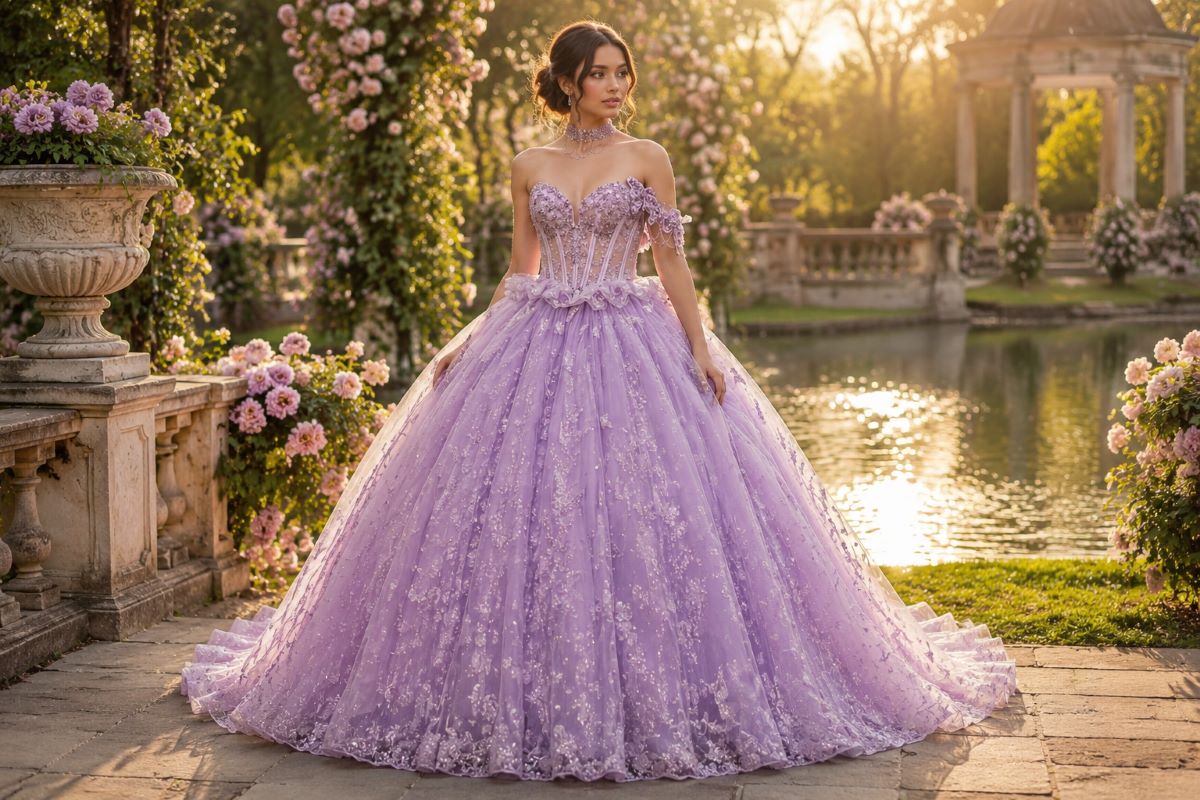 Lavender ball gown with floral embellishments