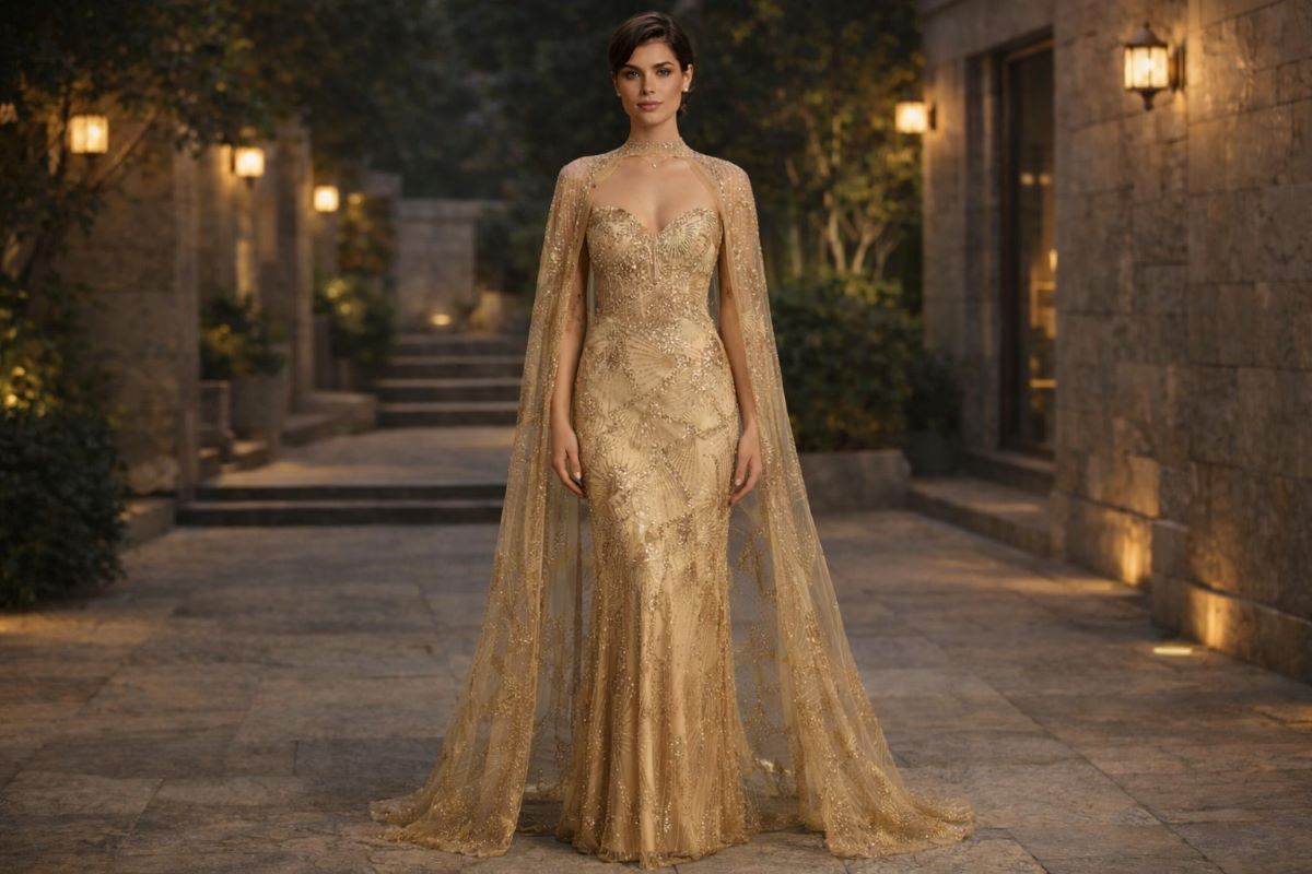 Gold embellished evening gown with sheer cape