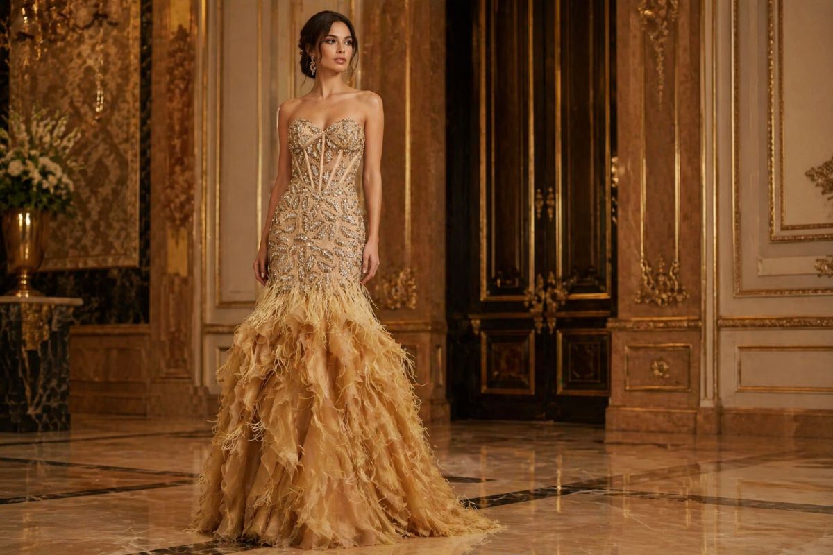 Gold strapless embellished mermaid evening gown with layered ruffled skirt