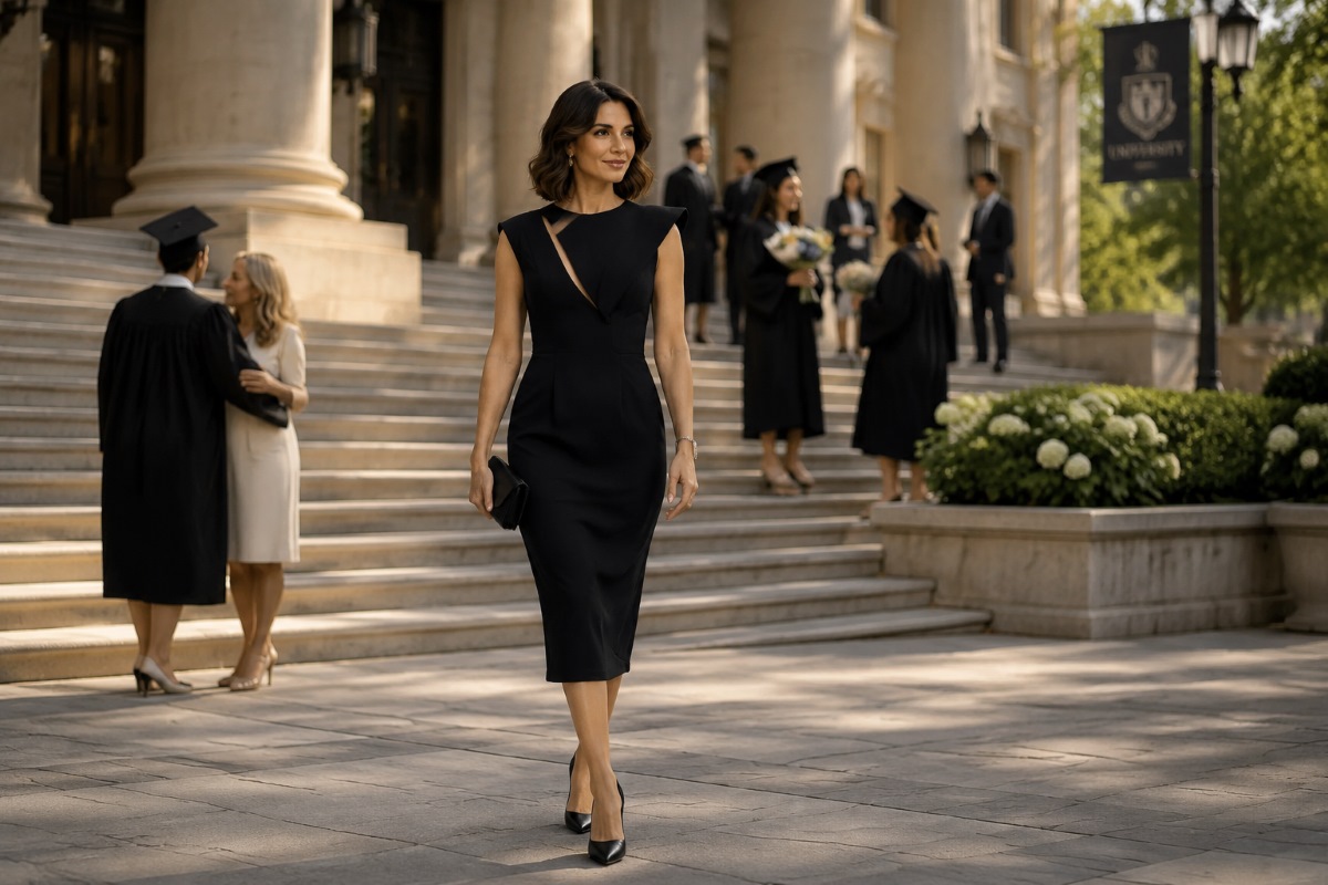 Elegant mother in black architectural midi dress at graduation