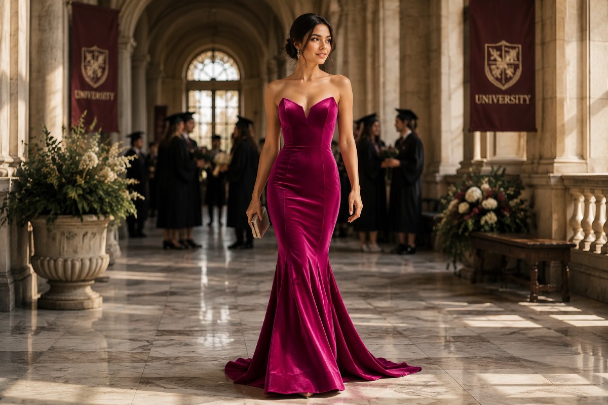 Mother in magenta velvet mermaid gown at graduation