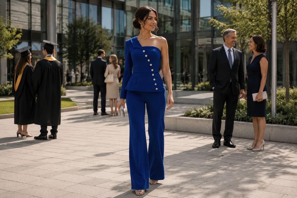 Mother in royal blue tailored one-shoulder jumpsuit at graduation