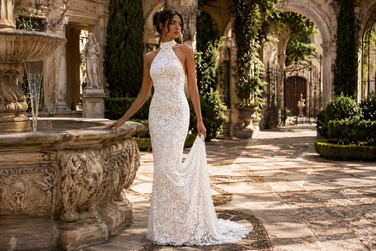 Guipure lace bridal column gown editorial