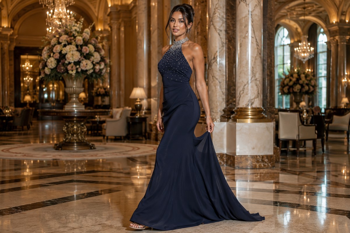 Elegant halter wedding guest evening gown