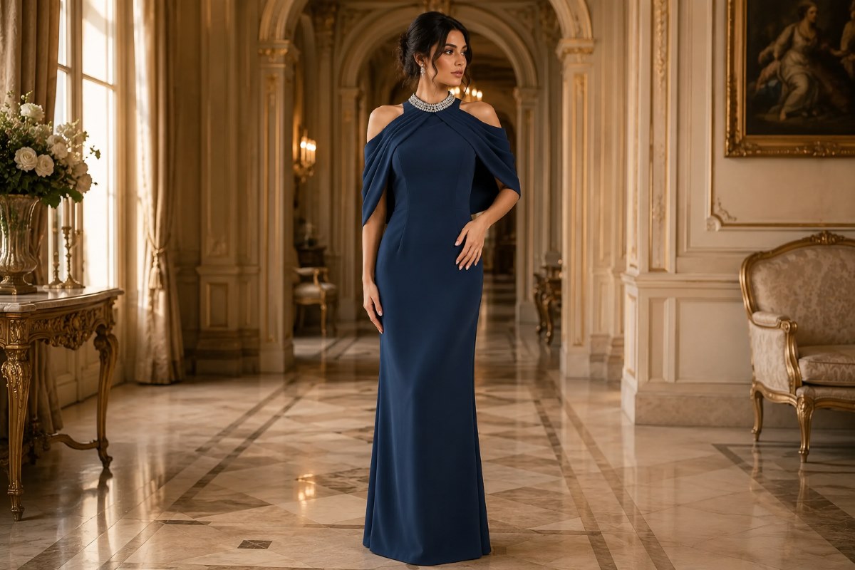 High neck formal gown with elegant updo hairstyle