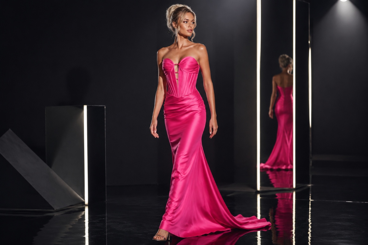 Hot pink column gown with detachable train