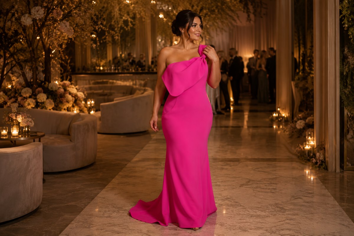 Hot pink one shoulder evening gown