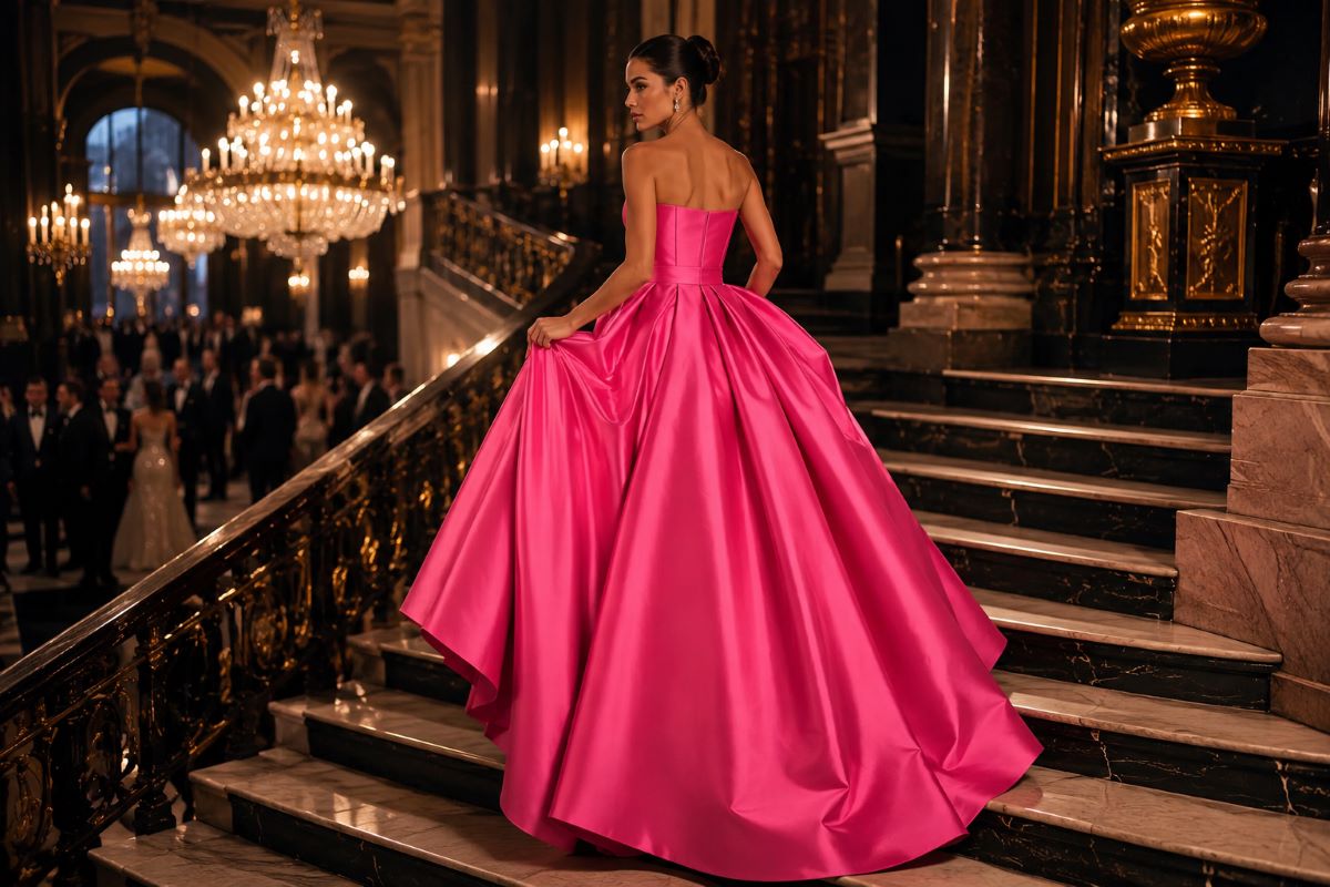 Hot pink satin ball gown at luxury gala entrance