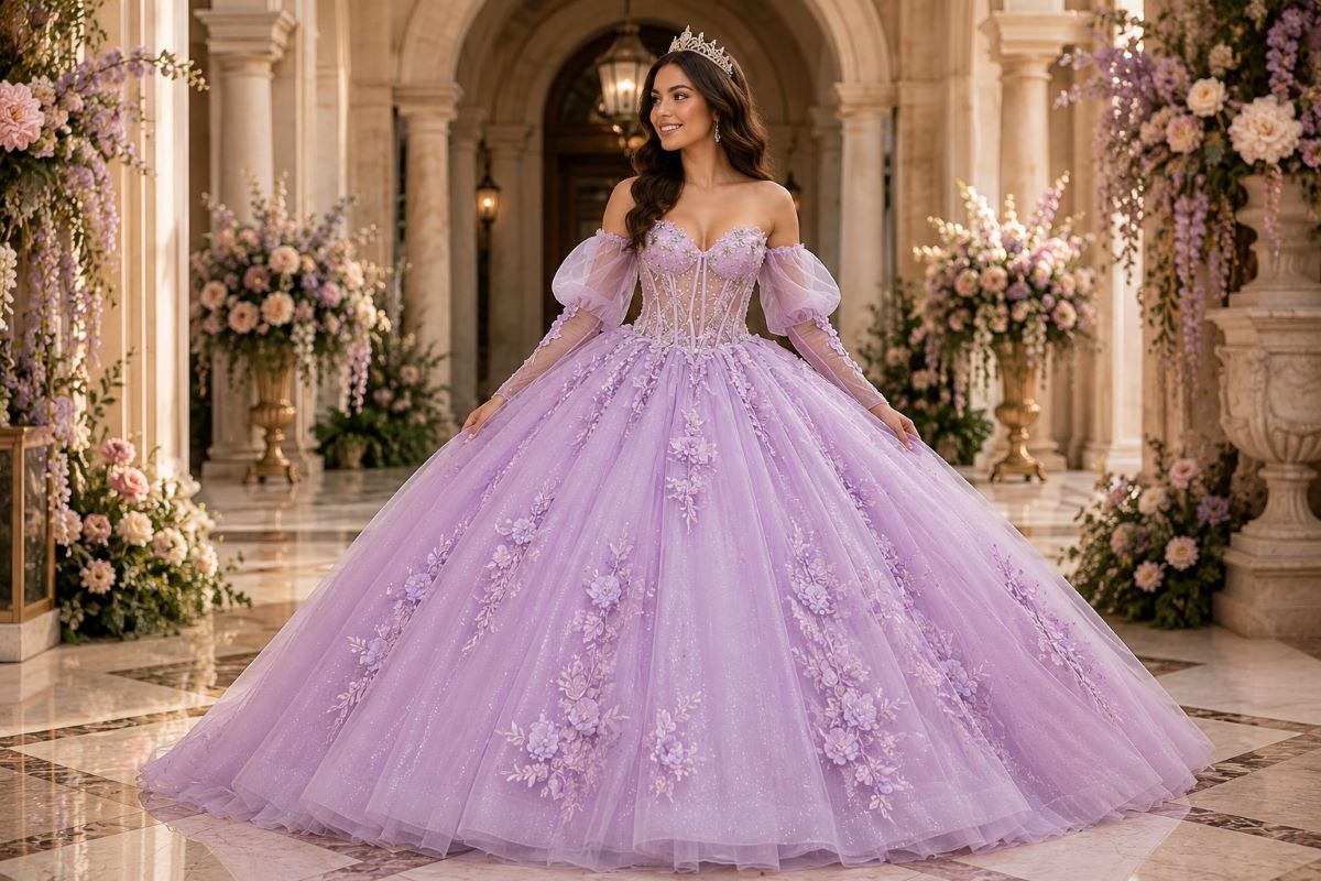 Lavender quinceañera gown with illusion corset neckline