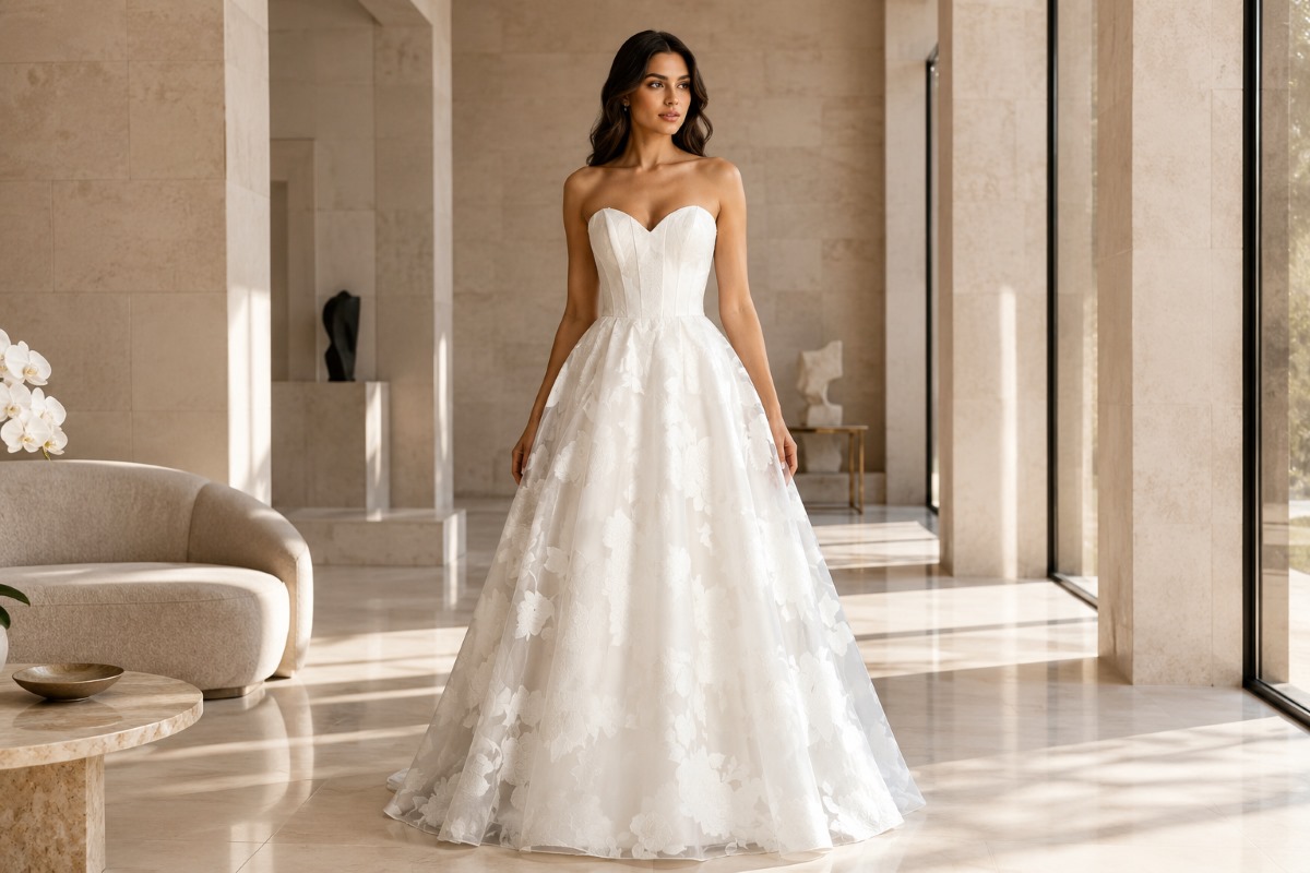 Structured floral A-line convertible evening gown
