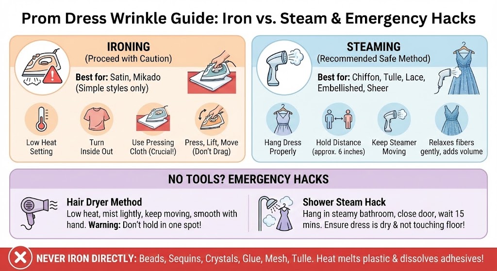 Infographic showing how to iron a prom dress