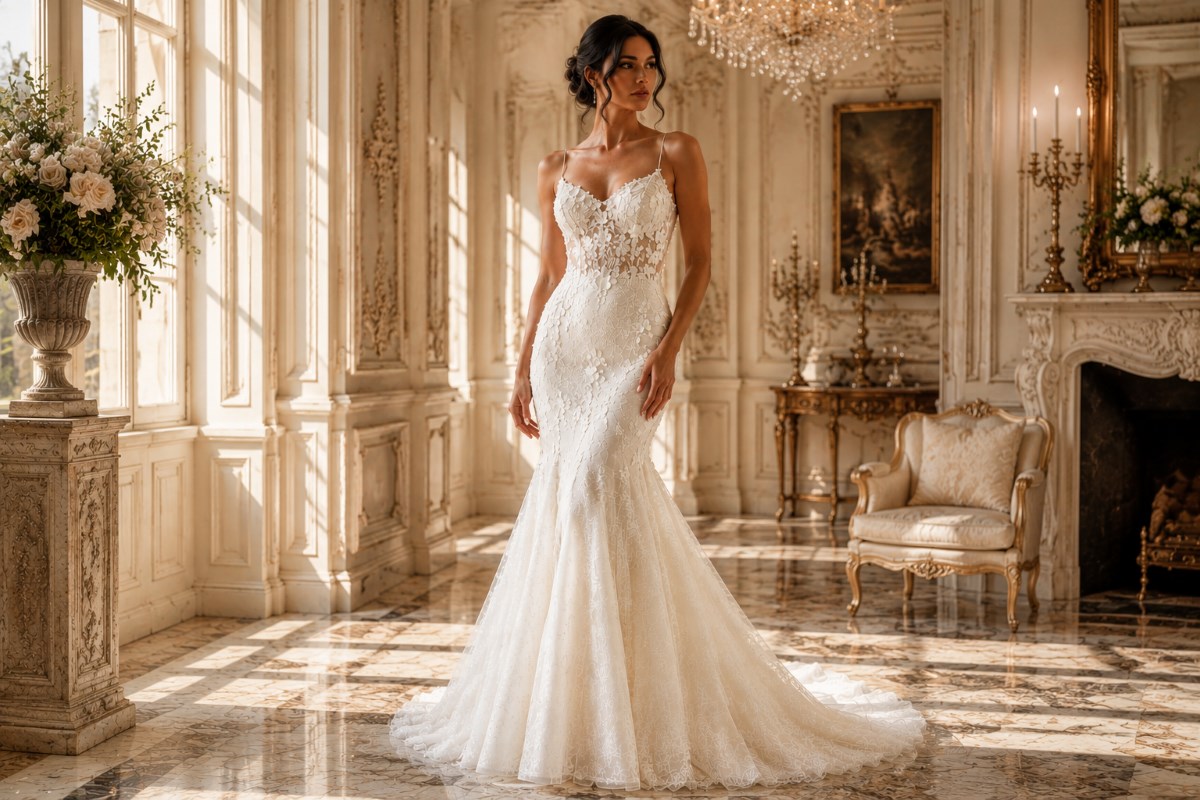 Ivory floral mermaid bridal wedding dress