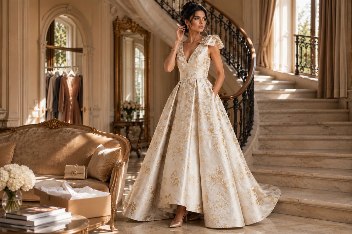 Ivory jacquard mother of bride ball gown