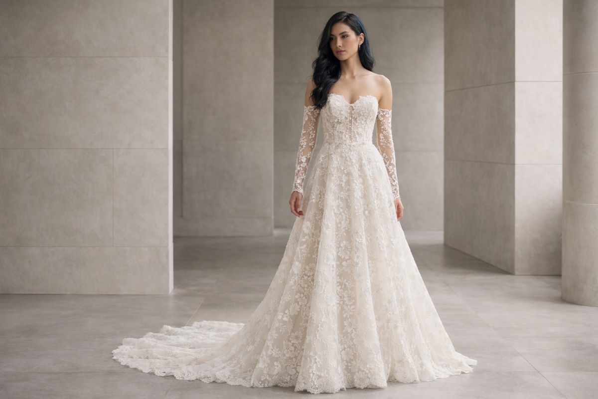 Ivory lace A-line wedding dress with sheer bodice and long lace sleeves