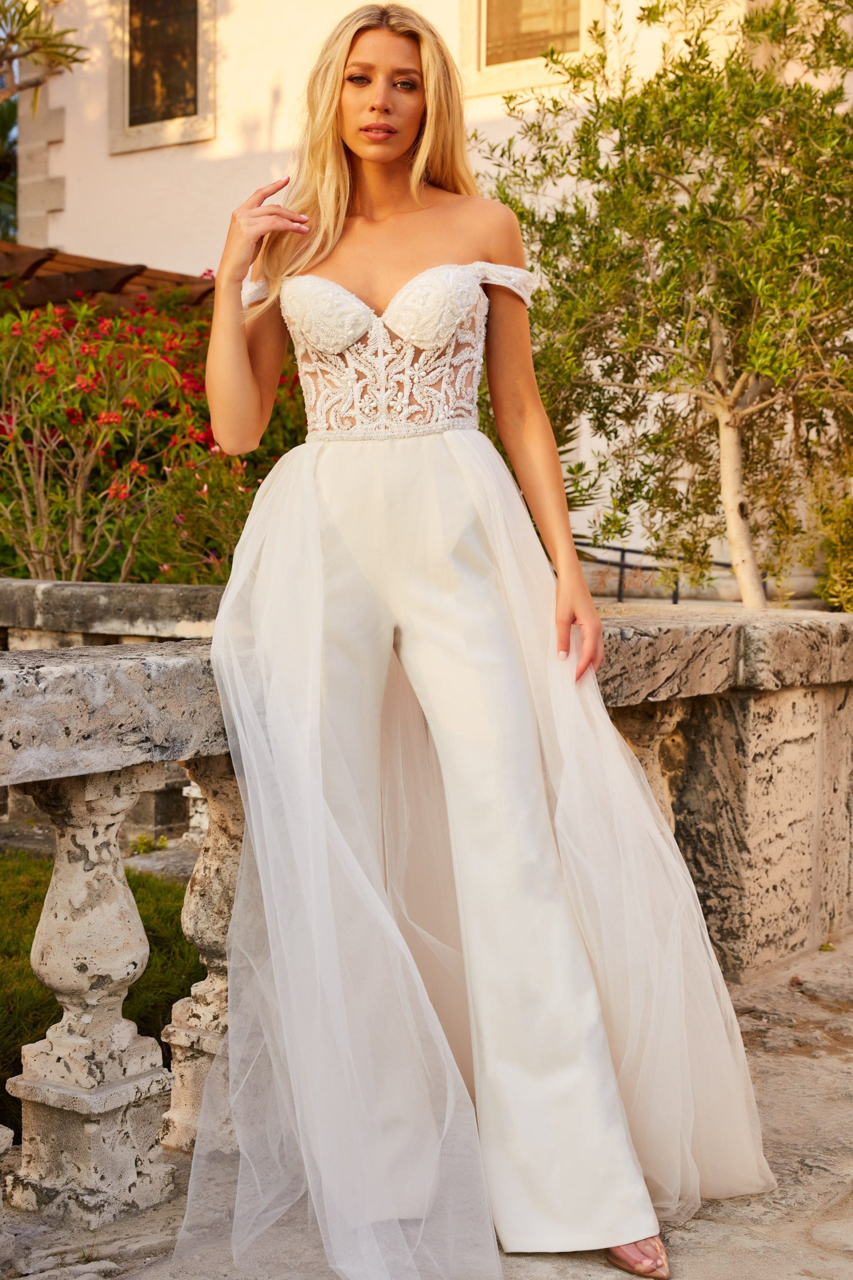 JB06507 Off-White Beaded Bodice Bridal Jumpsuit