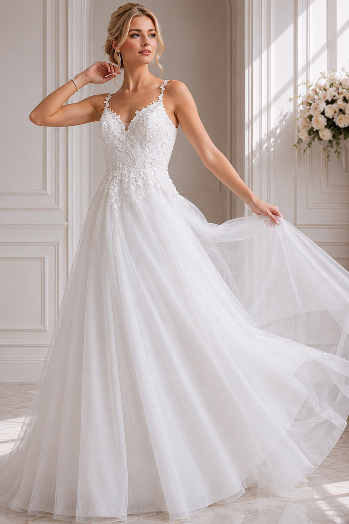 princess-style wedding dress with airy tulle layers and feminine floral accents.