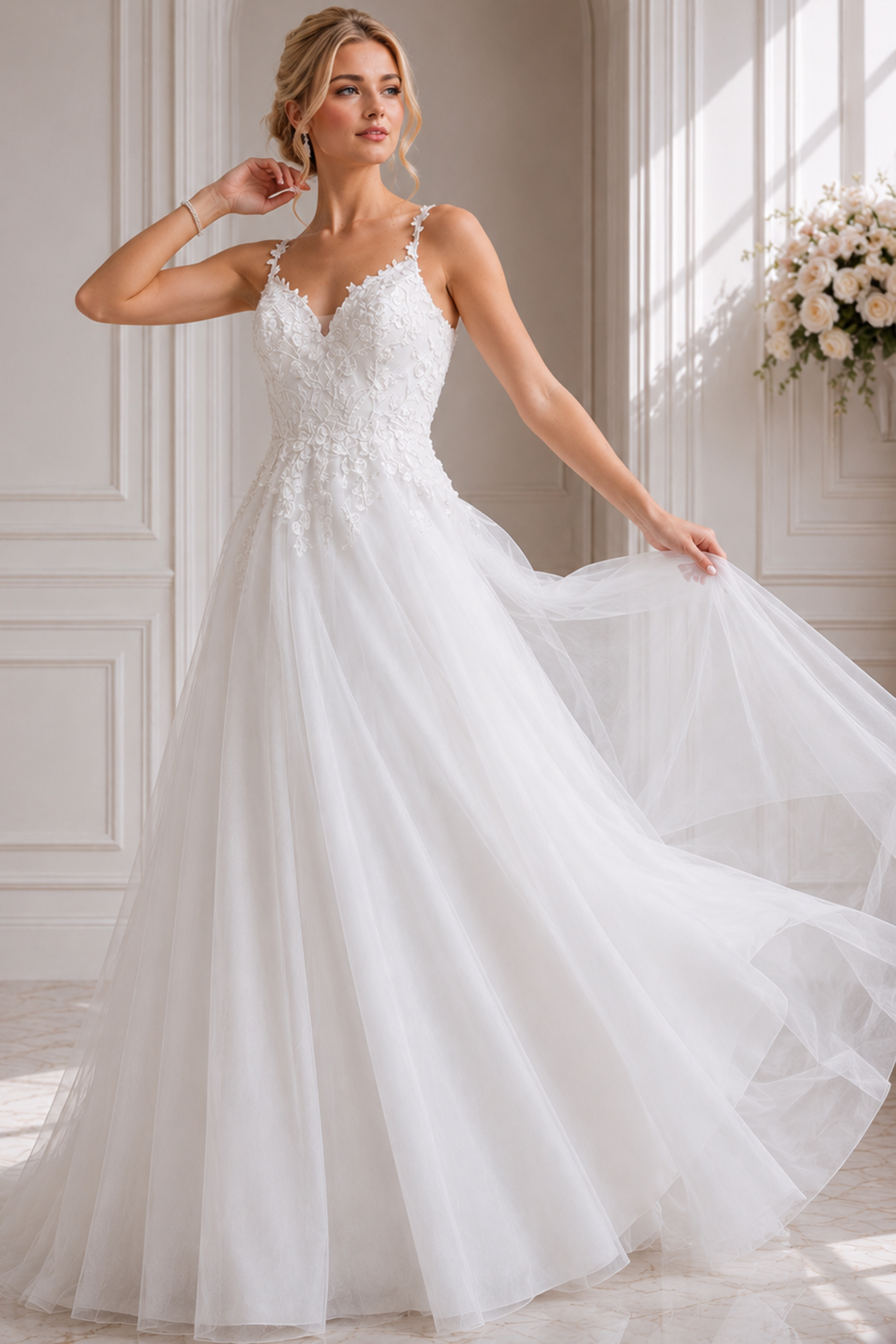 princess-style wedding dress with airy tulle layers and feminine floral accents.