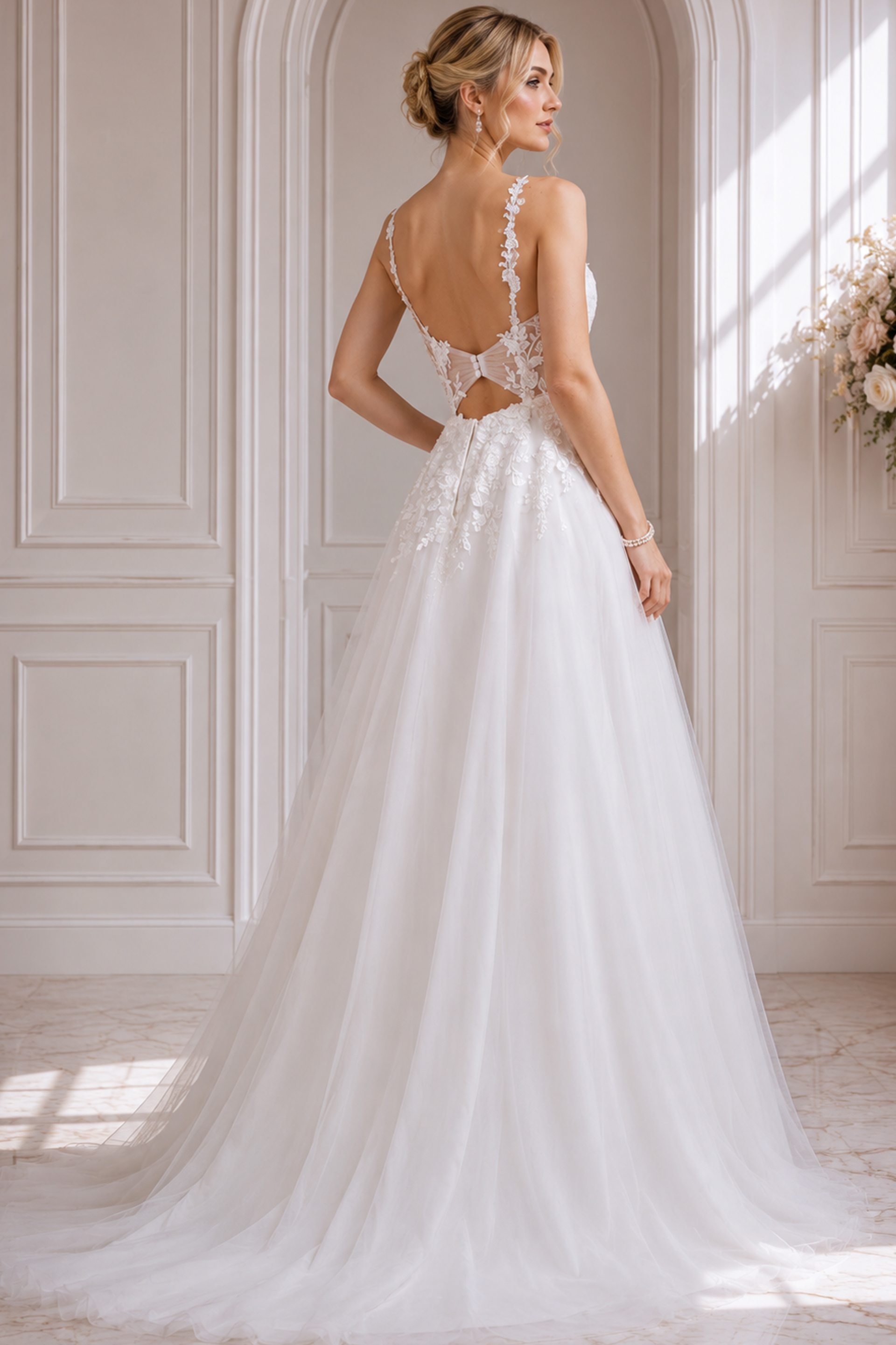 Soft bridal silhouette featuring a lace bodice, flowing skirt, and open-back detail.
