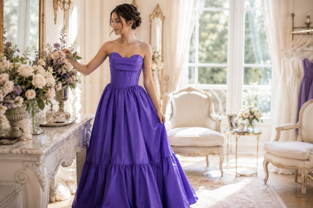Junior bridesmaid in violet A-line formal gown