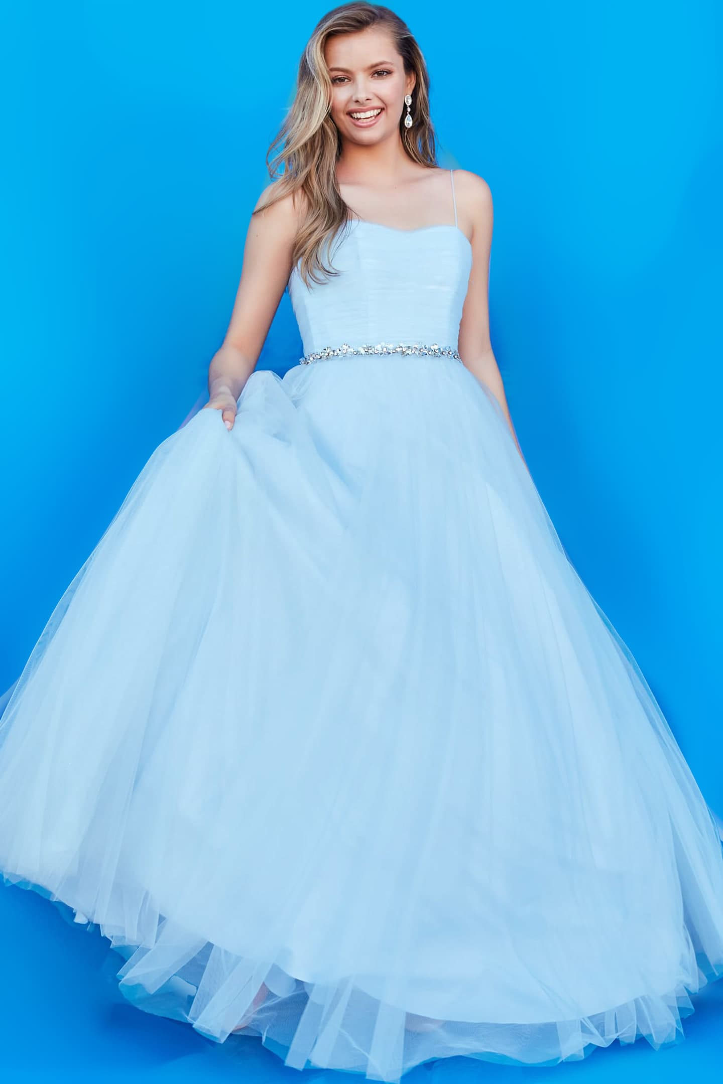 Front view of Jovani k66712 blue ball gown showcasing sweetheart neckline and embellished waist.
