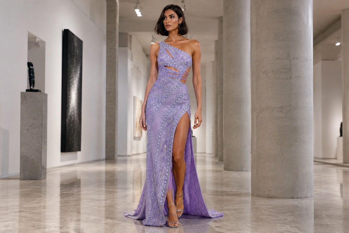 Lavender crystal column prom gown in modern gallery