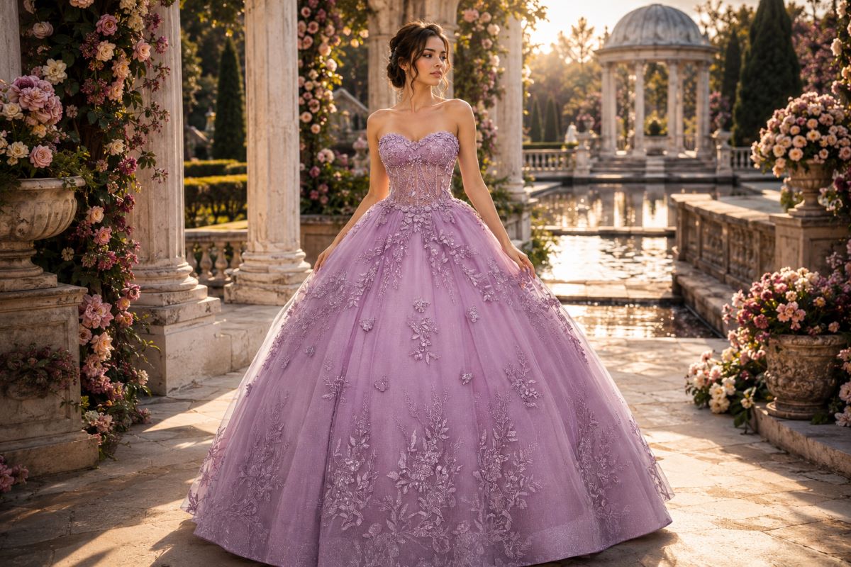 Lavender quinceañera gown in royal garden