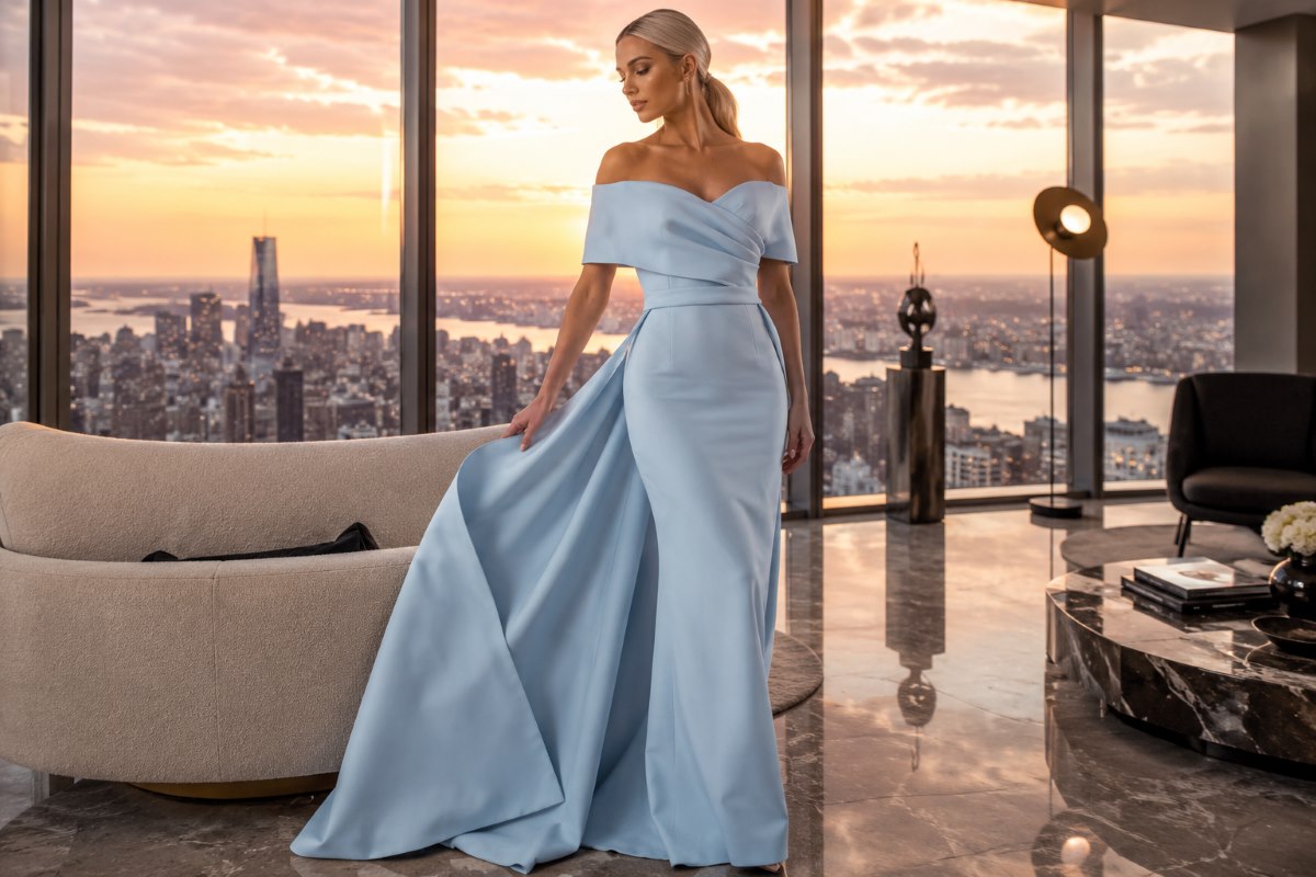 Royal blue gown showcasing elegant evening train