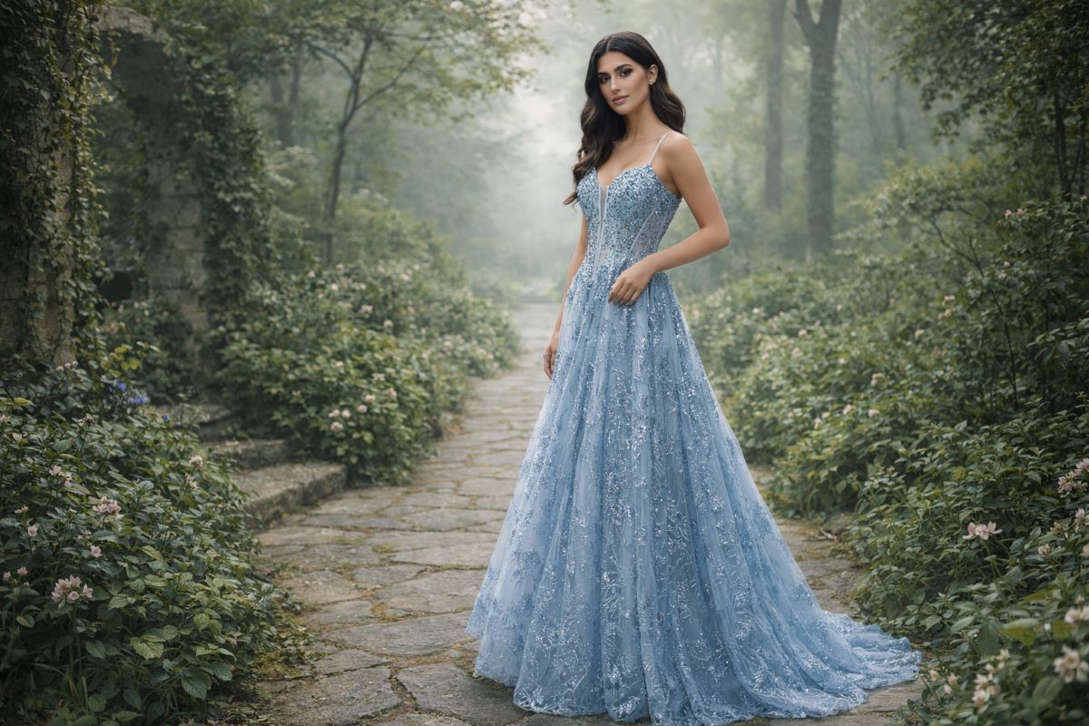light blue embellished fairycore prom dress