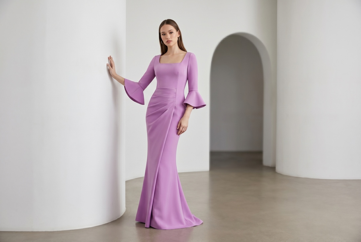 Lilac bell-sleeve minimalist crepe gown