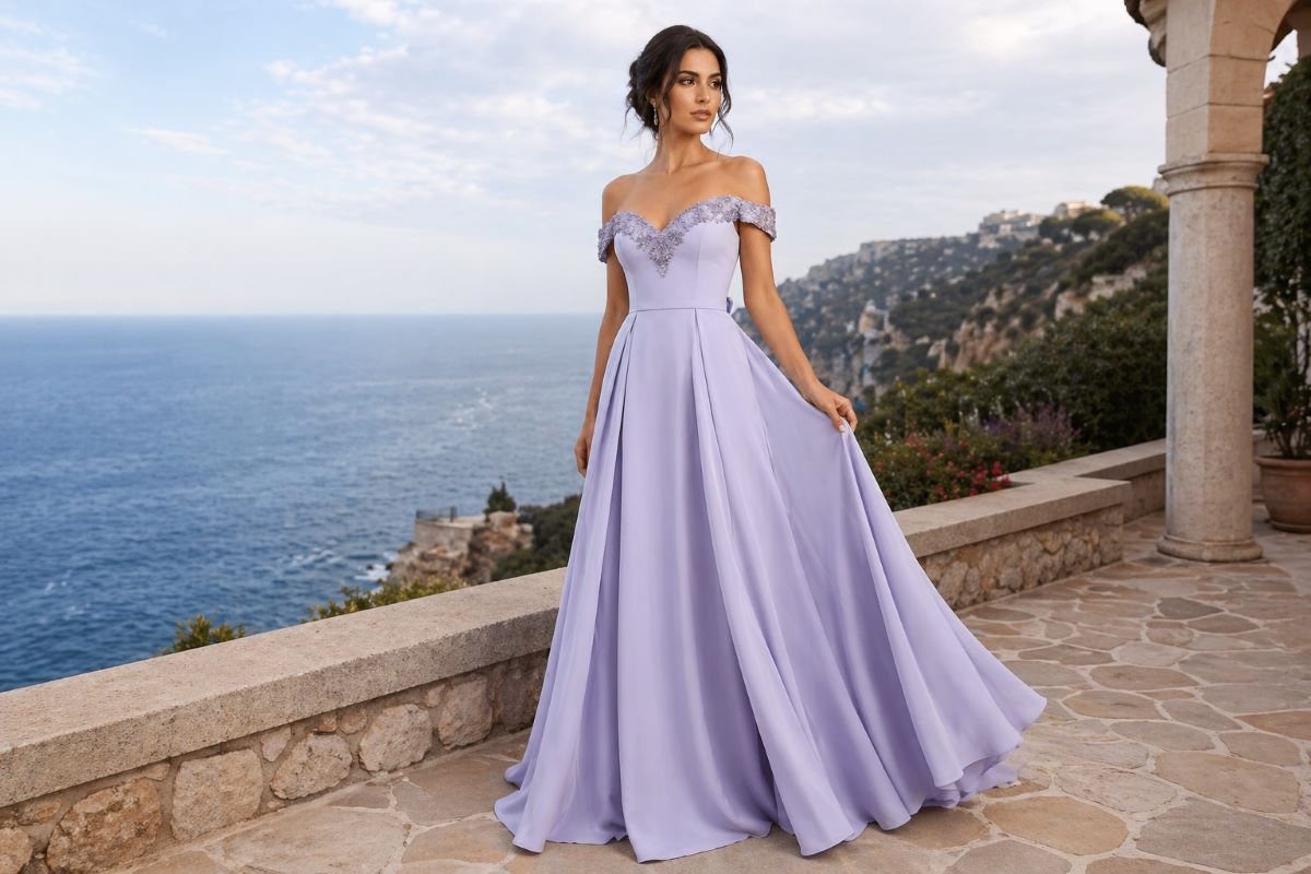 Lilac off-shoulder A-line mother of the bride dress