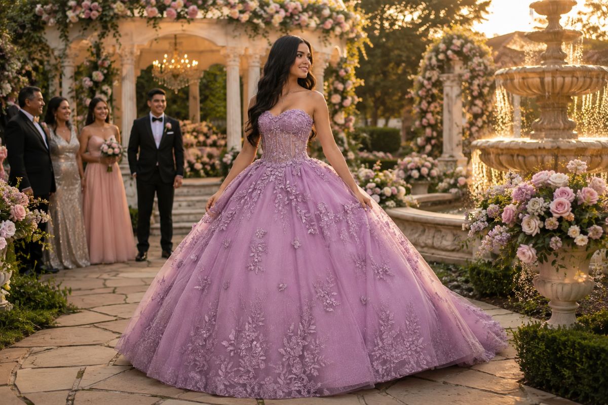 Lilac quinceanera ball gown garden celebration
