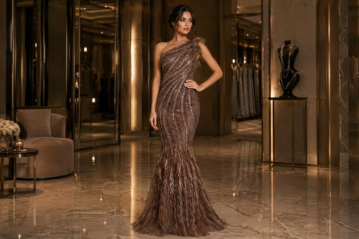 Luxury embellished mermaid gown with feather detailing and couture silhouette