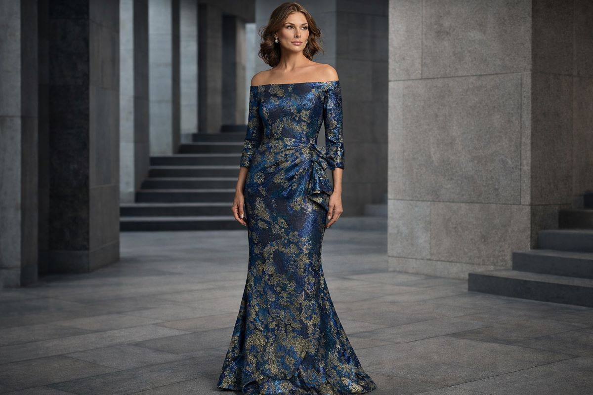Structured luxury evening gown with metallic fabric