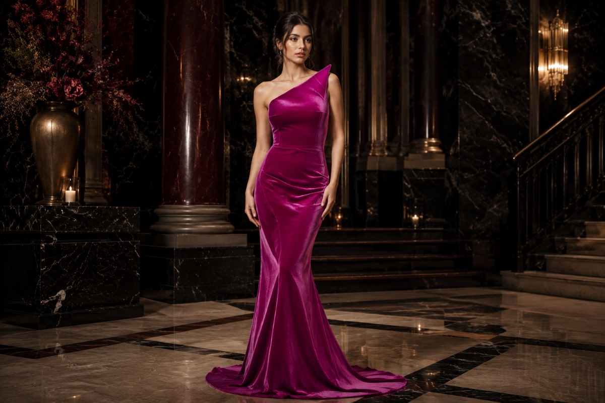 Magenta velvet mermaid evening gown editorial look