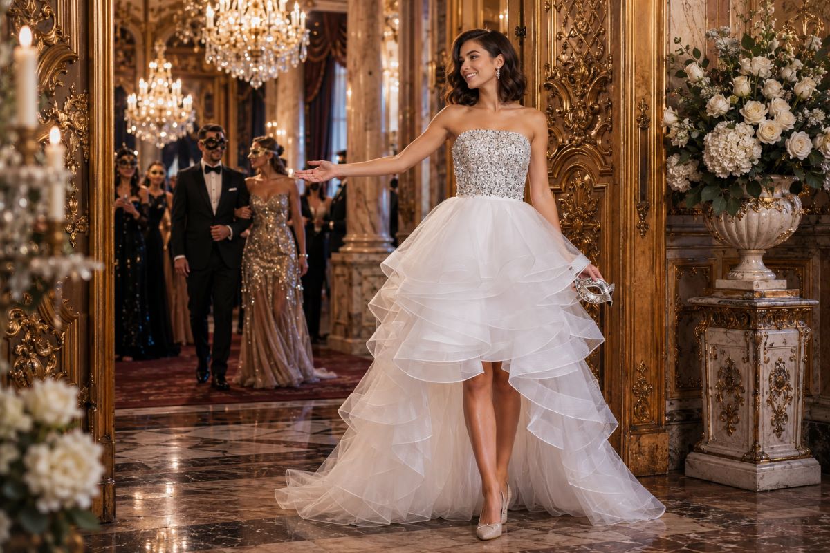 Masquerade Sweet 16 high-low party gown