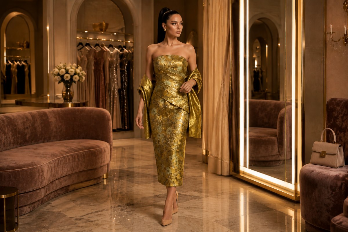 Metallic gold mother of bride midi dress