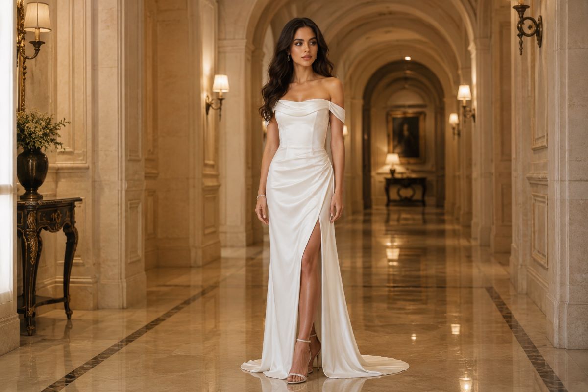 Minimalist off shoulder satin bridal gown