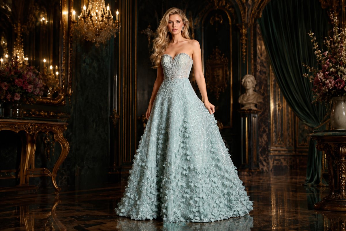 Elegant mint crystal embellished ball gown