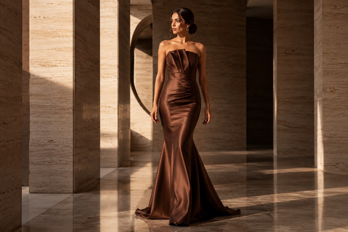Mocha brown satin mermaid prom dress indoors