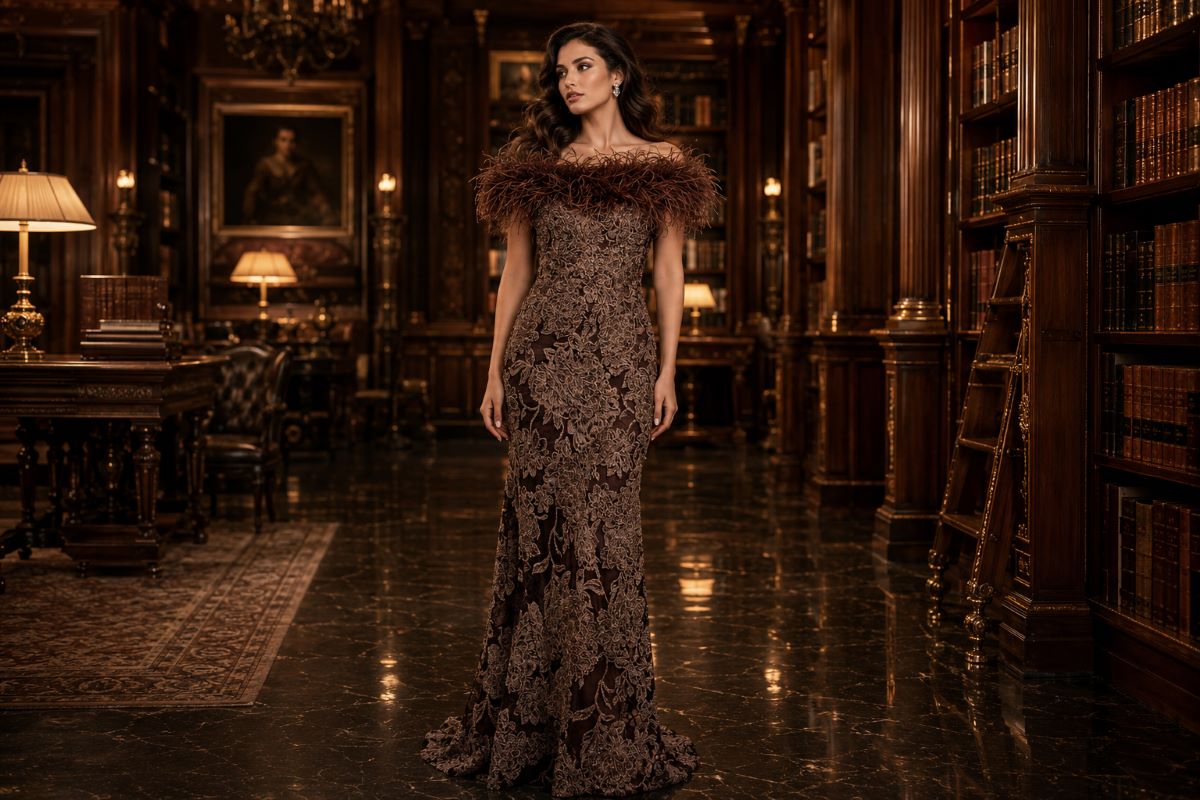 Brown embroidered modest evening gown with feather neckline
