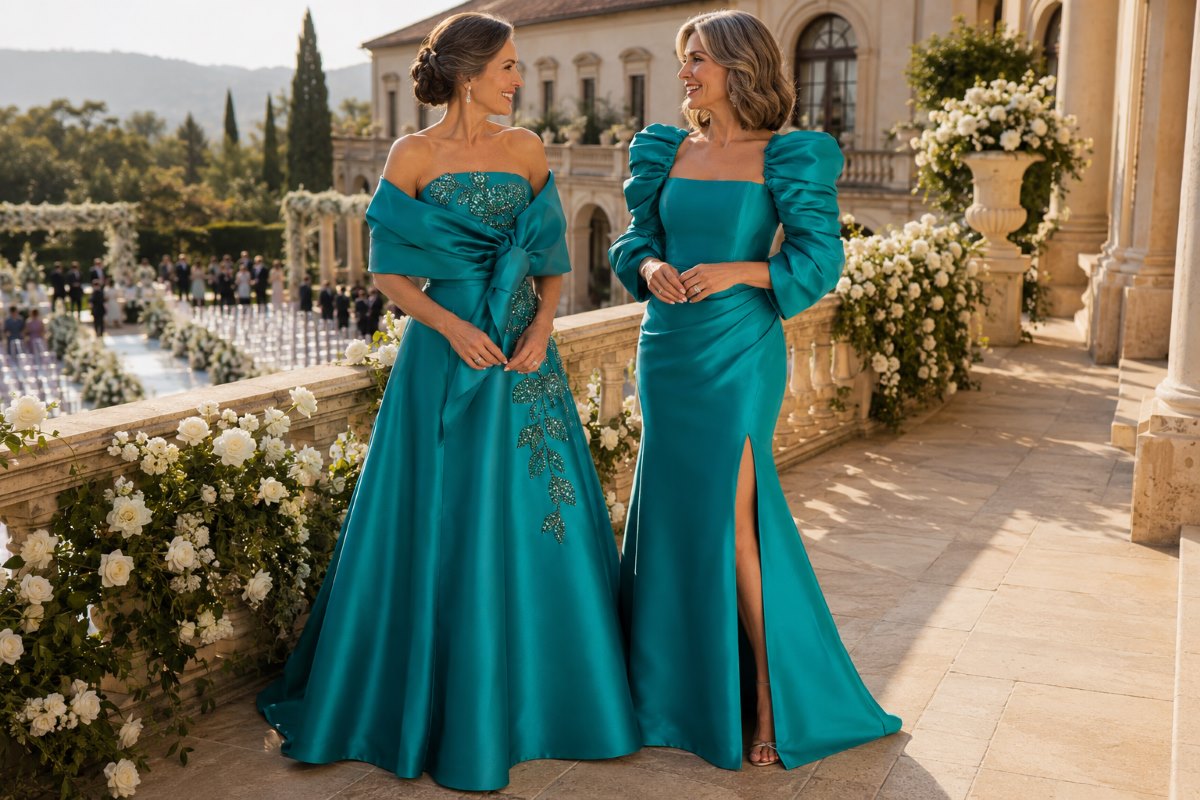 Coordinated mother bride groom formal gowns