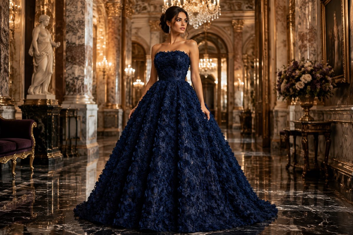 Navy floral textured ball gown editorial look