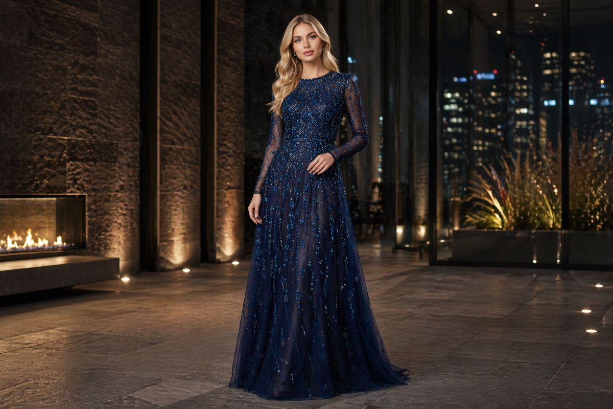 Navy beaded evening gown with long sheer sleeves