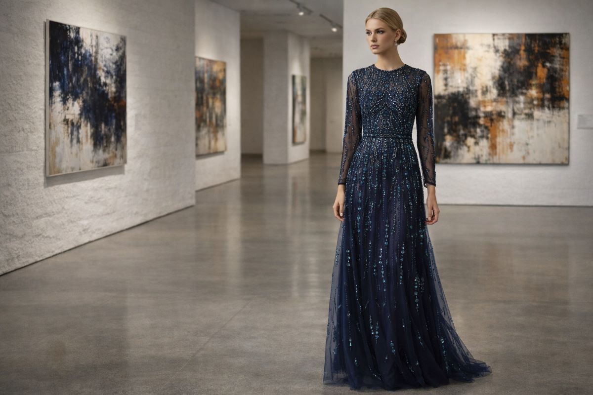 Navy beaded long sleeve evening gown with sheer overlay