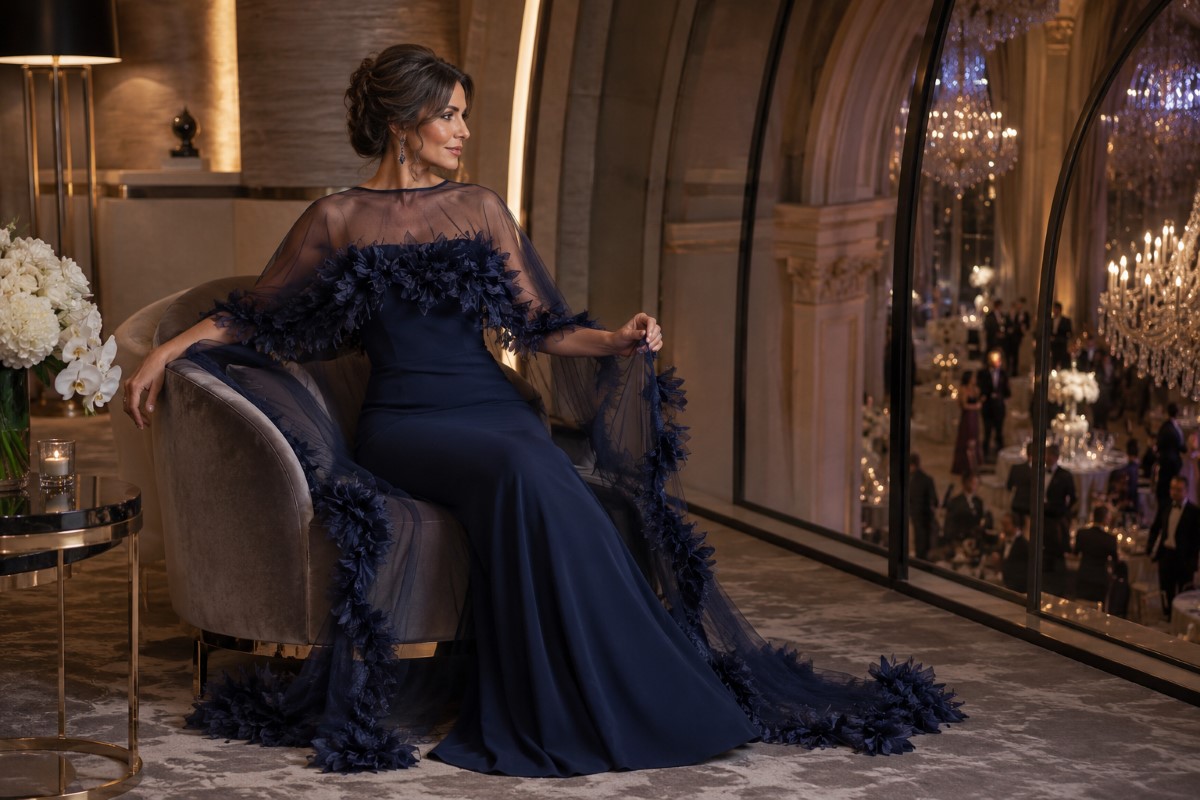 Navy cape mother of groom gown