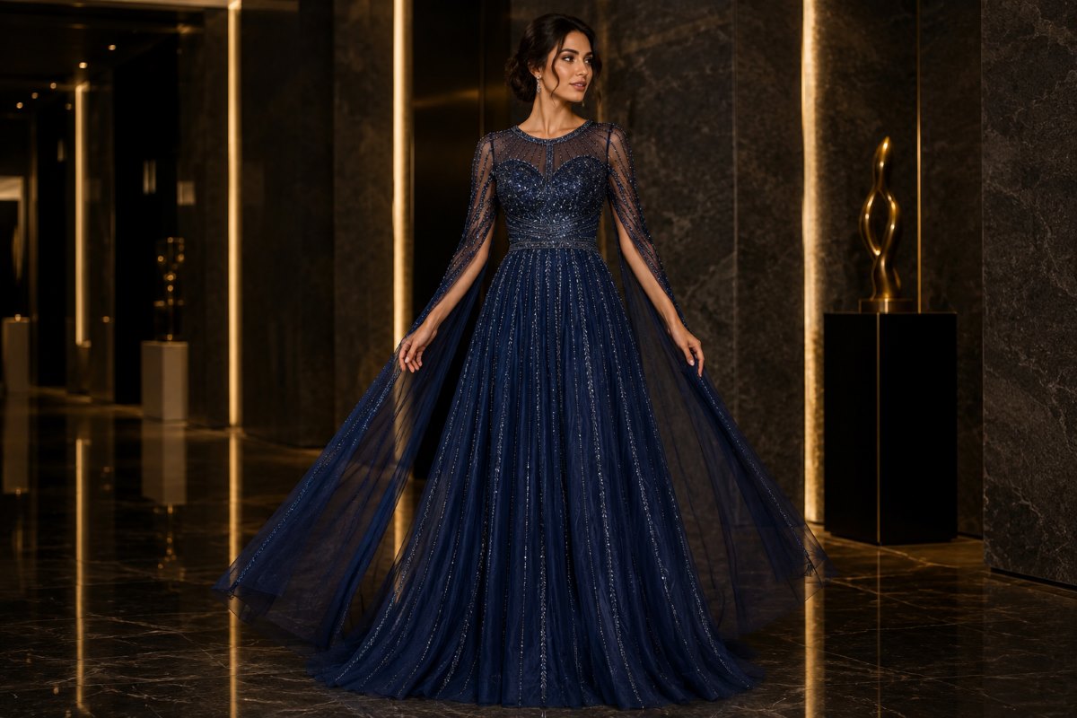 Navy illusion sleeve formal mother of the bride dress